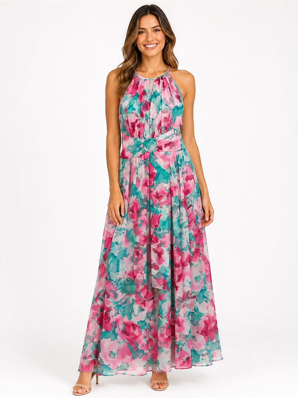 NWOT ~ R&M Richards Watercolor Floral Chiffon Halter Dress ~ Size 6 | MSRP $139